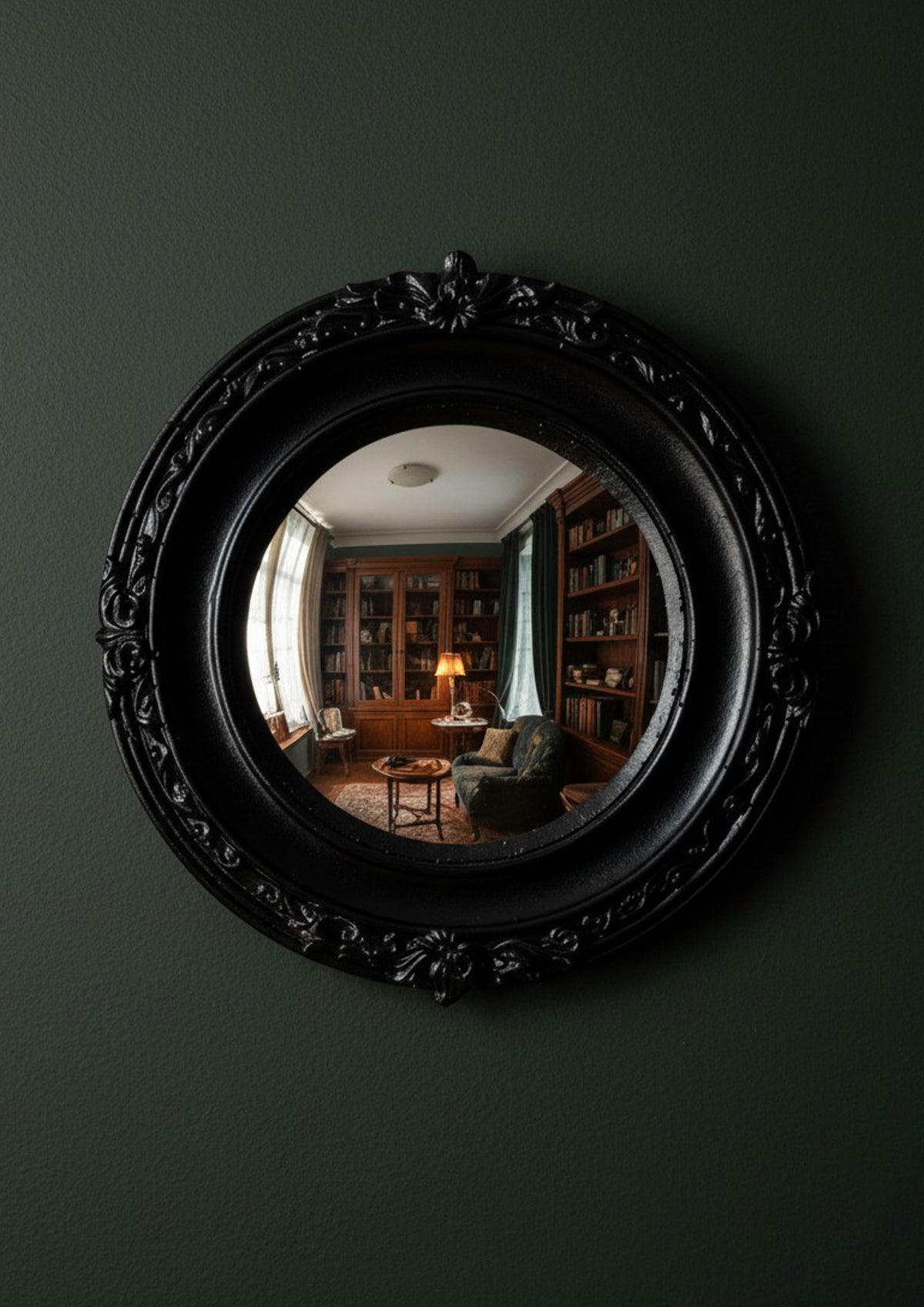 Black Witch's Eye Convex Mirror – matte black resin frame, handmade gothic occult wall decor