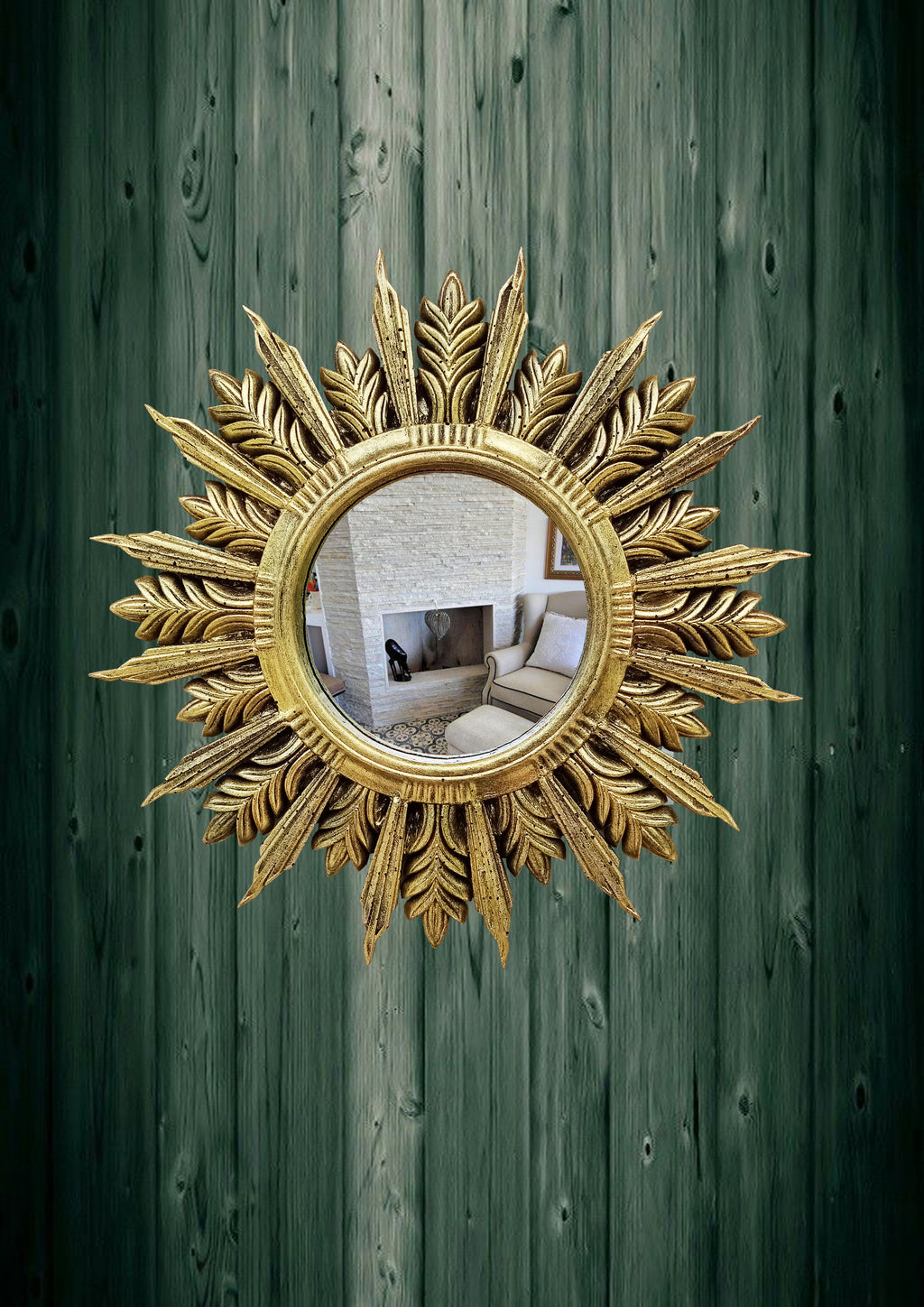 Handmade Sunburst Mirror — Brass Patina, 27×27 cm
