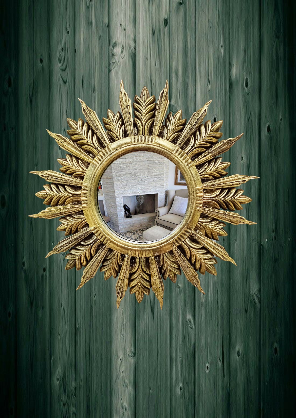 Handmade Sunburst Mirror — Brass Patina, 27×27 cm