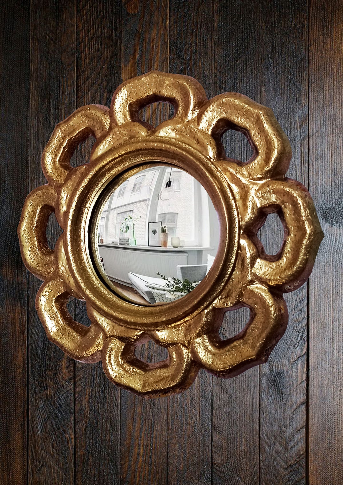Golden Flower Witch's Eye Mirror — Handcrafted Mystical Wall Decor