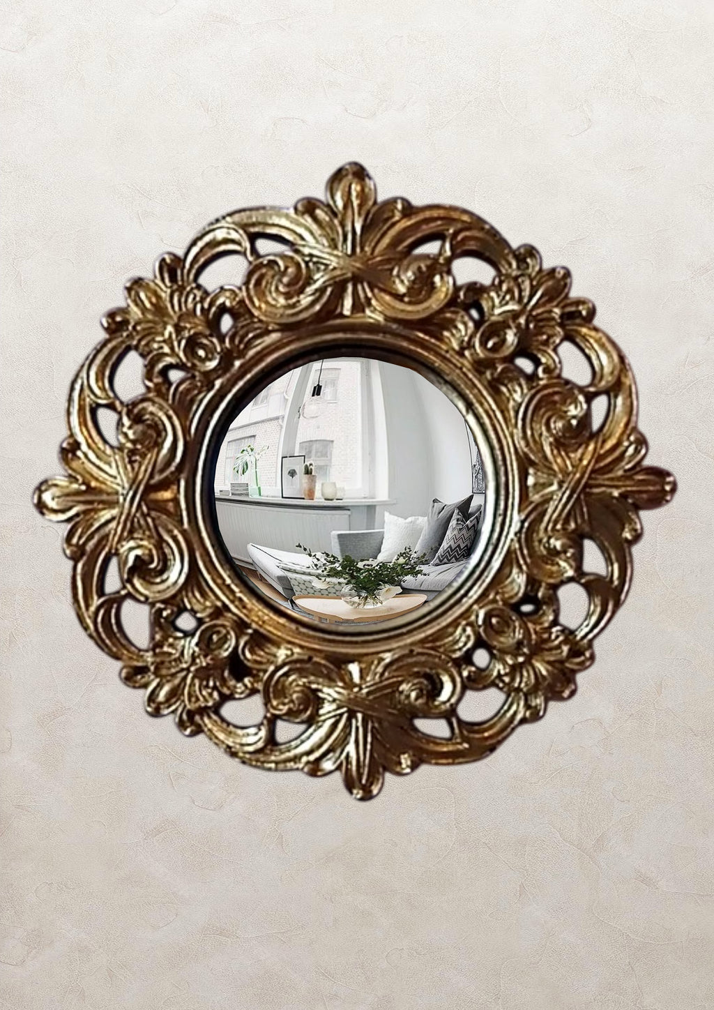 Golden Baroque Witch's Eye Convex Mirror — Handcrafted Antique Wall Decor