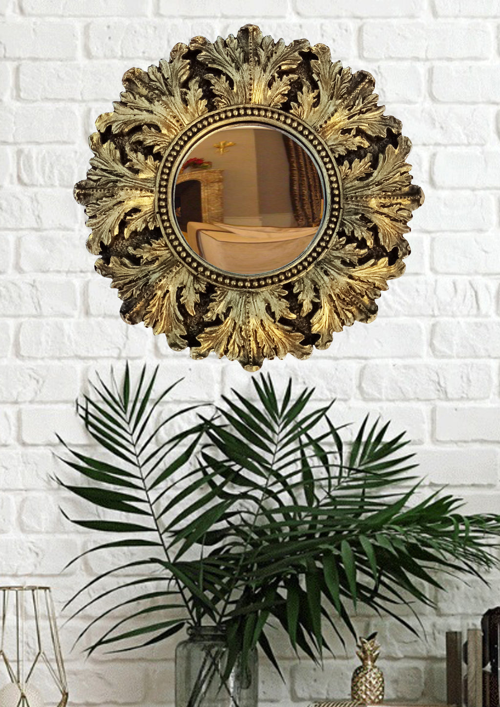 Black & Gold Acanthus Witch's Eye Convex Mirror — Handcrafted Mystical Wall Decor