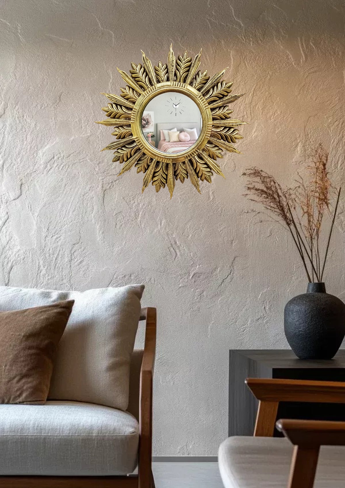 Handmade Sunburst Mirror — Brass Patina, 27×27 cm