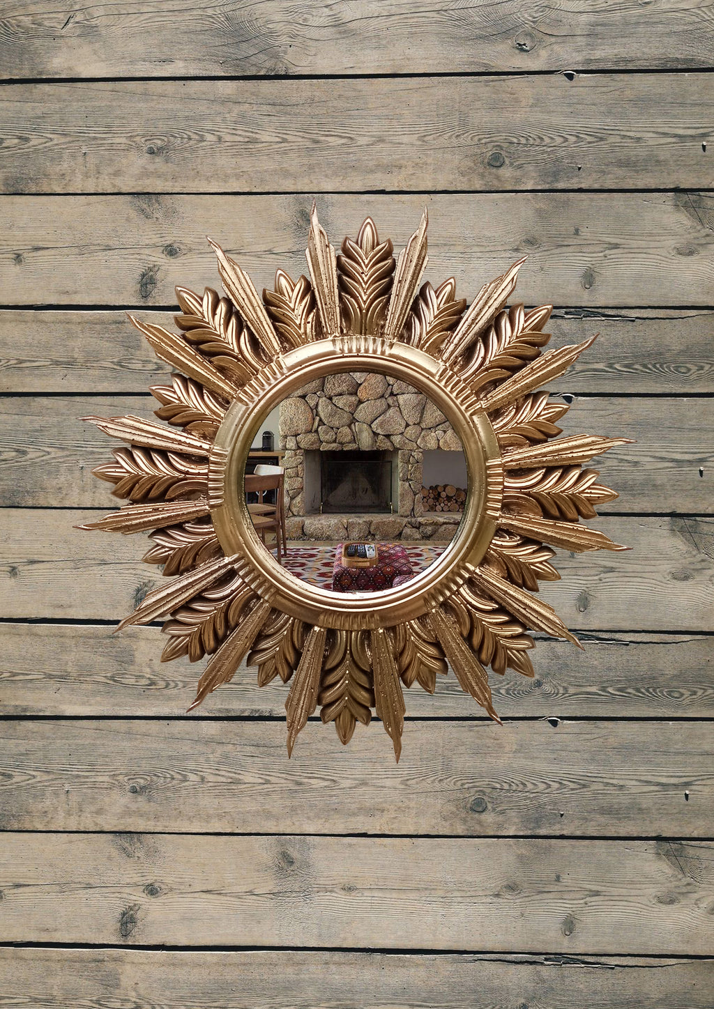 Handmade Sunburst Mirror — Gold Patina, 27×27 cm
