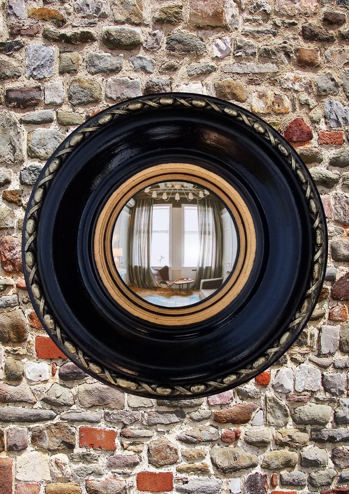 Black & Gold Regency Witch Eye Convex Mirror — Handcrafted Gothic Wall Decor