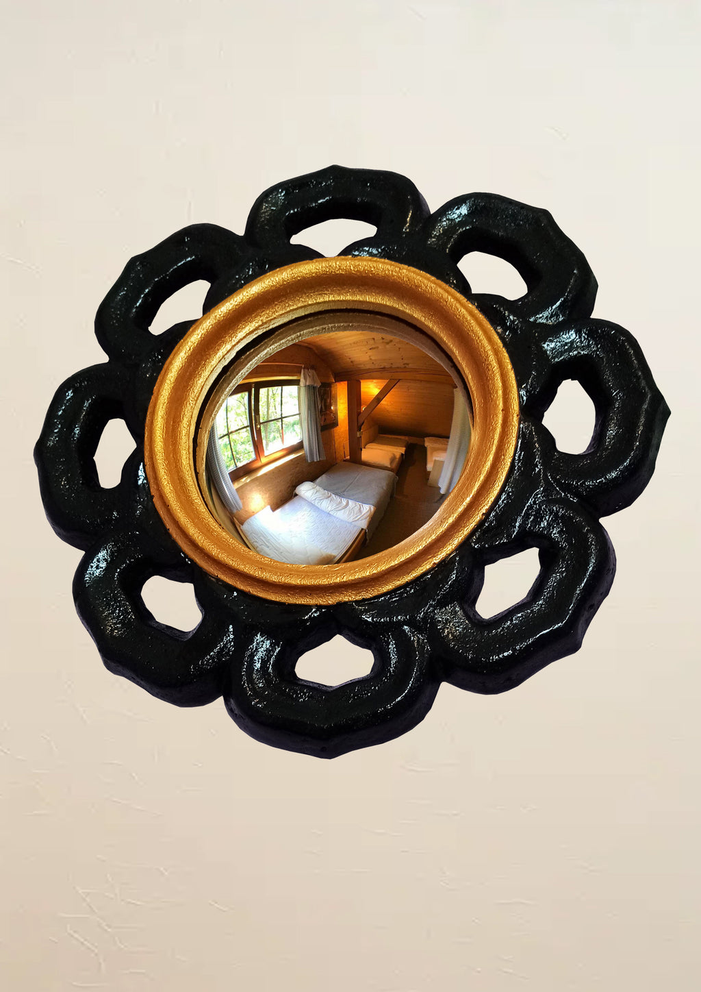 Black & Gold Witch Eye Mirror — Handcrafted Gothic Flower Wall Decor