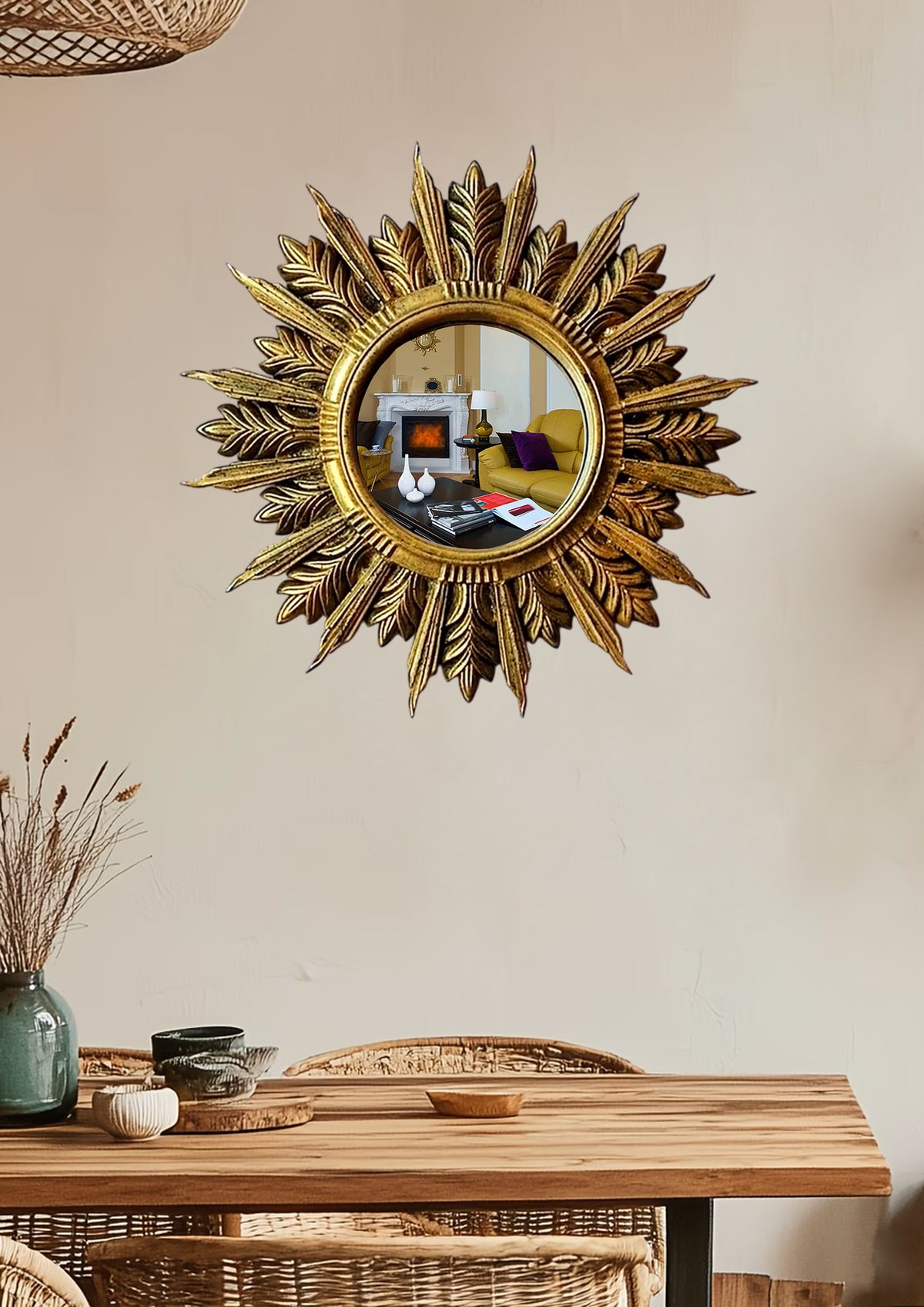 Handmade Sunburst Mirror — Antique Bronze, 27×27 cm