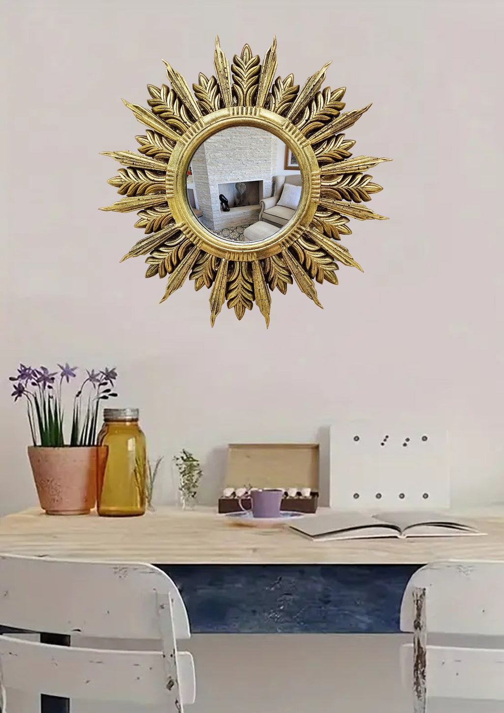 Handmade Sunburst Mirror — Brass Patina, 27×27 cm