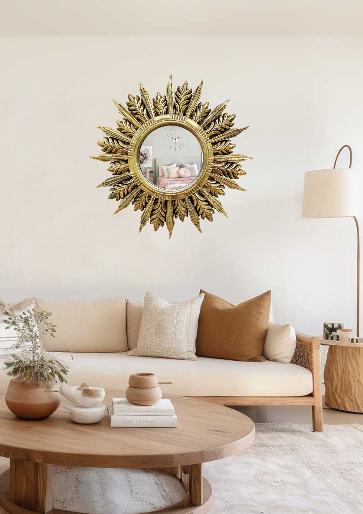Handmade Sunburst Mirror — Brass Patina, 27×27 cm