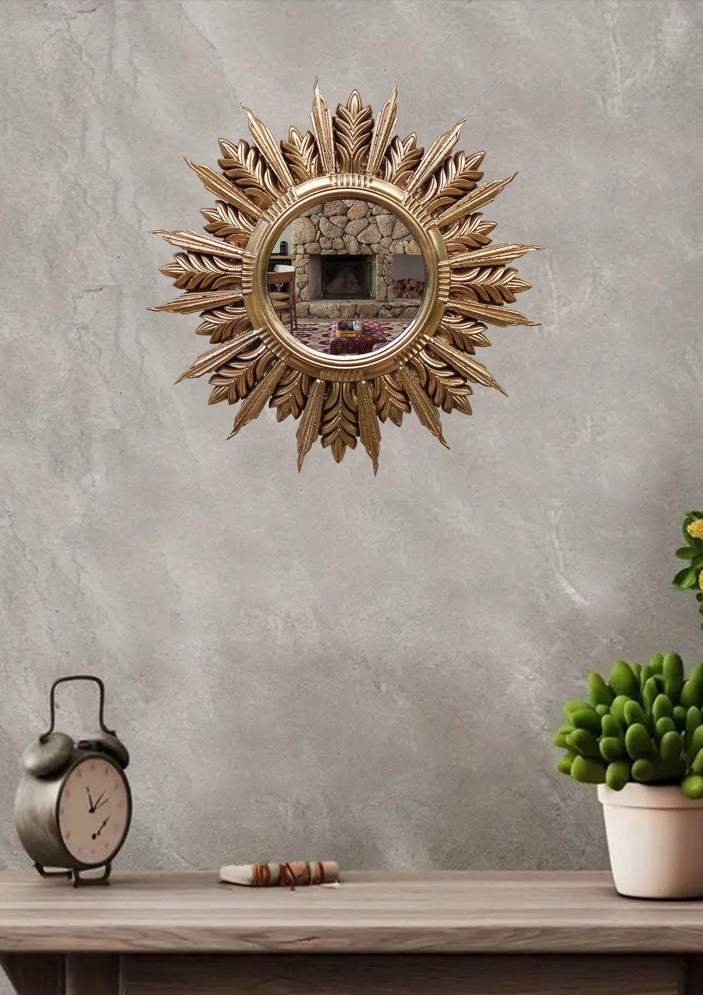 Handmade Sunburst Mirror — Gold Patina, 27×27 cm