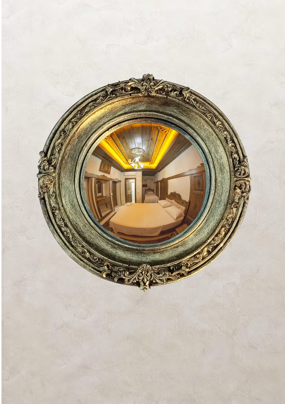 Witch's Eye Convex Mirror – Aged Brass, ornate resin frame, handmade wall decor