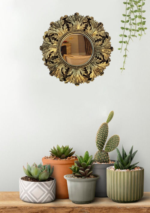 Black & Gold Acanthus Witch's Eye Convex Mirror — Handcrafted Mystical Wall Decor