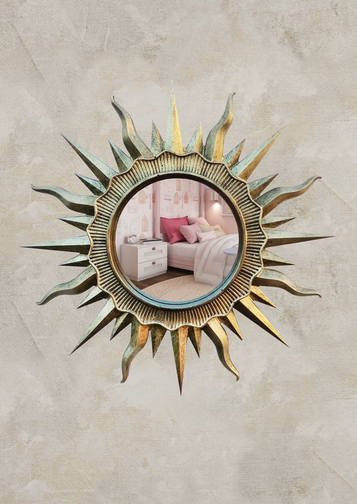 Handmade brass patina sunburst wall mirror, 24.5 cm