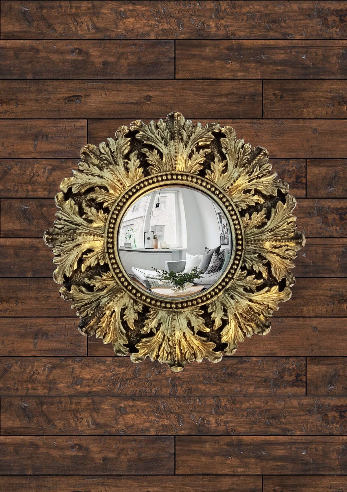 Black & Gold Acanthus Witch's Eye Convex Mirror — Handcrafted Mystical Wall Decor