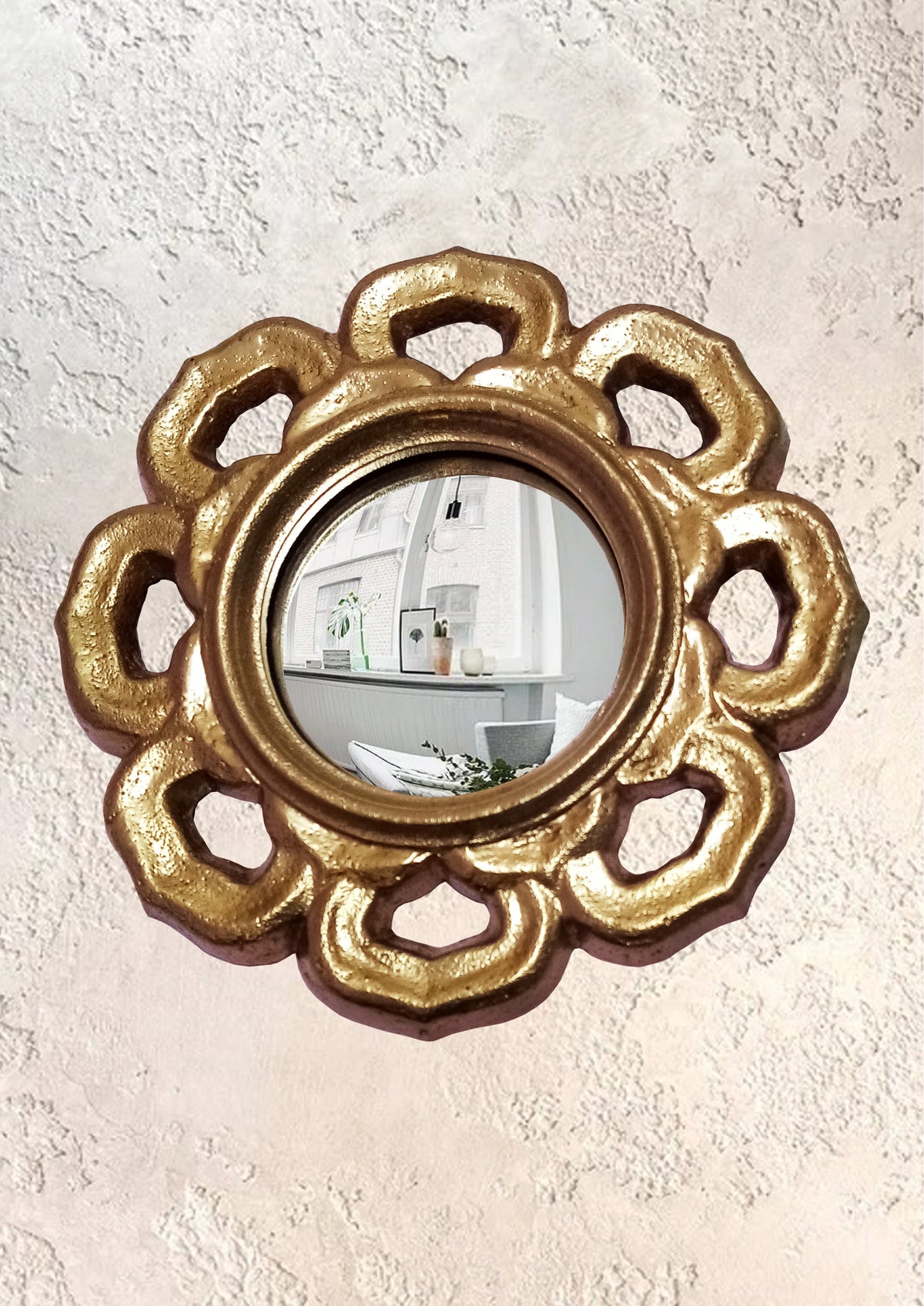 Golden Flower Witch's Eye Mirror — Handcrafted Mystical Wall Decor
