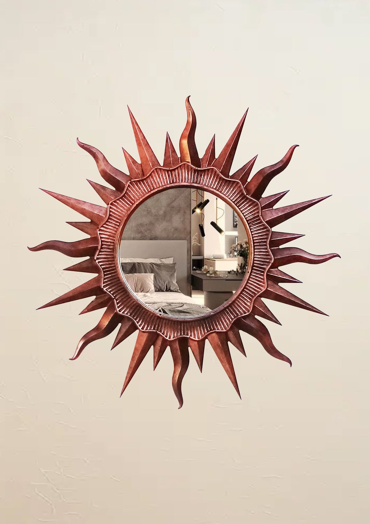 Handmade Copper Patina Sunburst Mirror — Vintage Wall Decor 24.5 cm