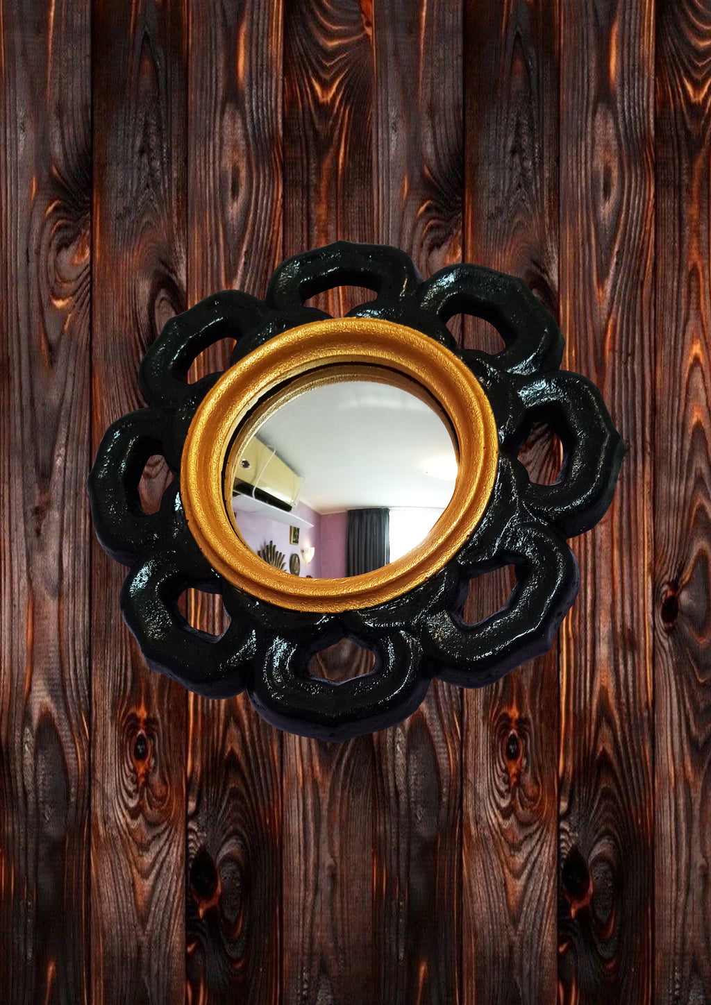 Black & Gold Witch Eye Mirror — Handcrafted Gothic Flower Wall Decor