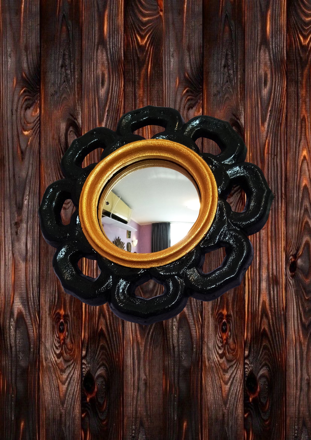 Black & Gold Witch Eye Mirror — Handcrafted Gothic Flower Wall Decor
