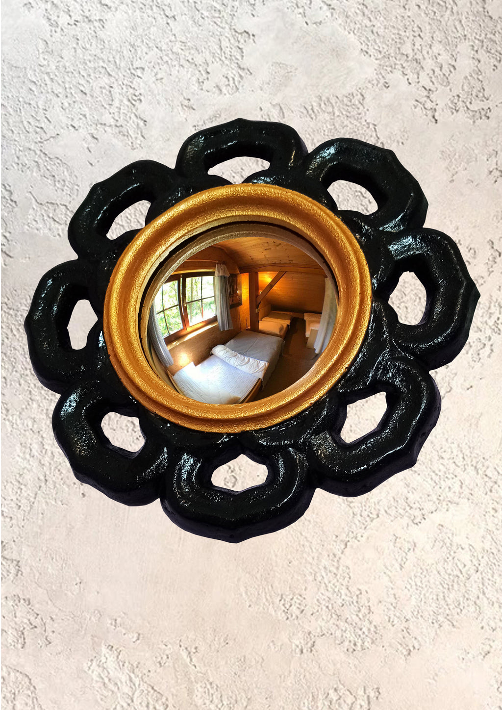 Black and Gold Witch Eye Mirror – handcrafted gothic flower wall decor with golden ring