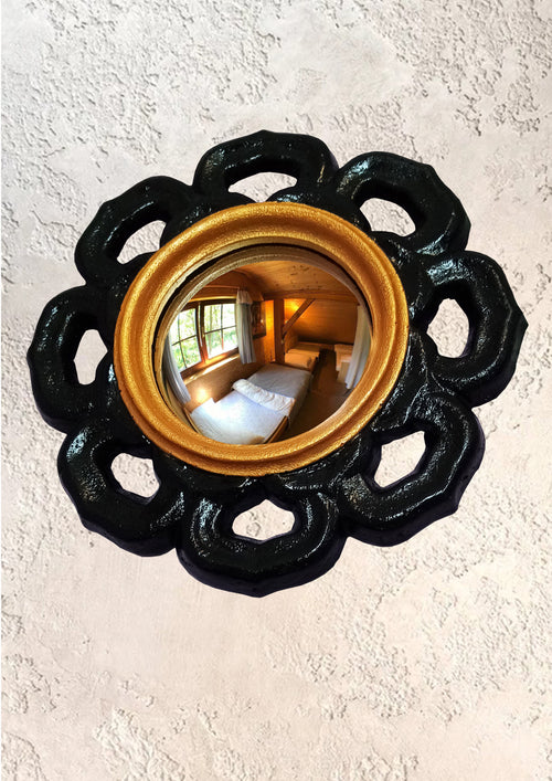 Black and Gold Witch Eye Mirror – handcrafted gothic flower wall decor with golden ring