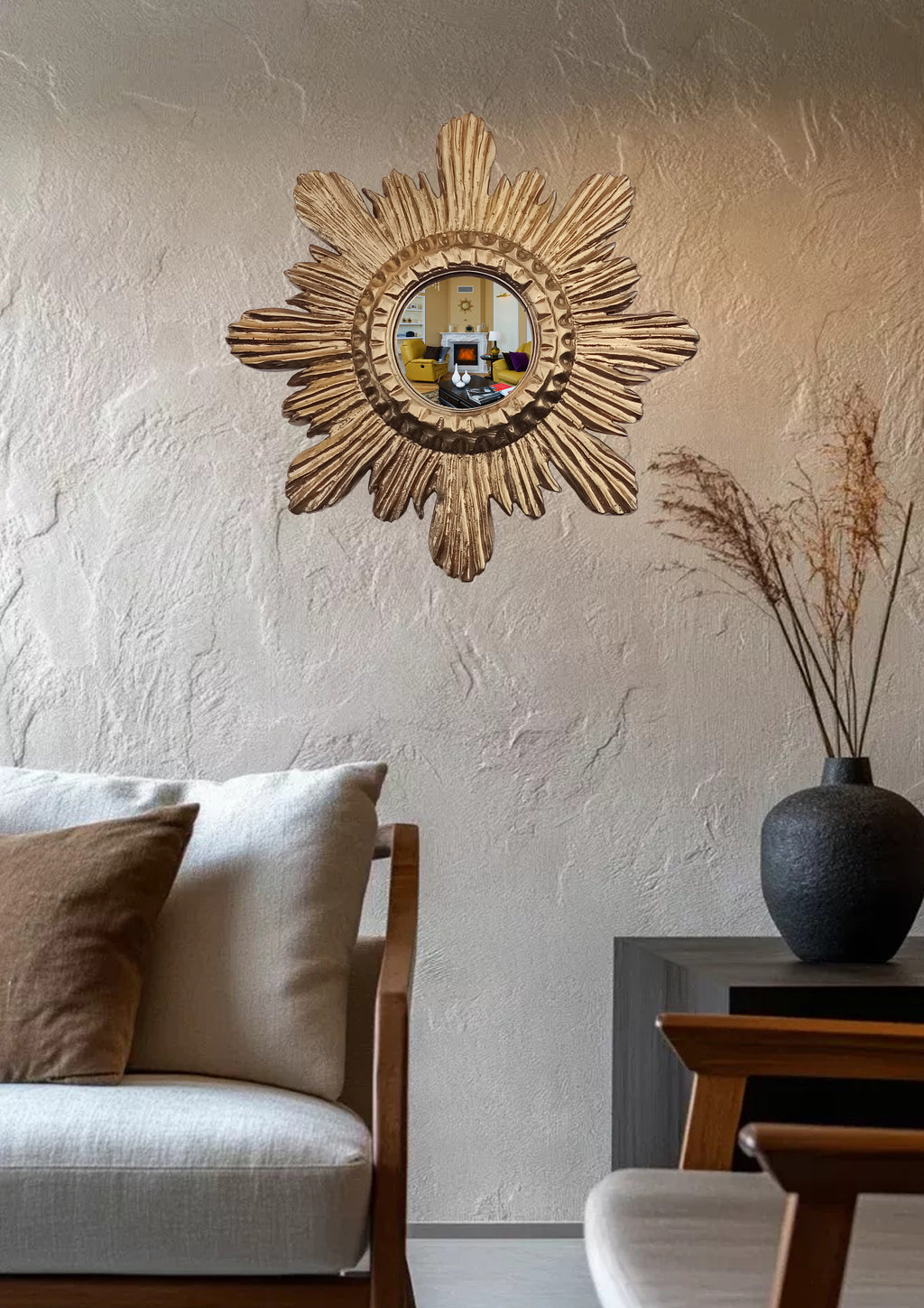 Antique Gold Sunburst Witch's Eye Mirror — Handcrafted Mystical Wall Decor