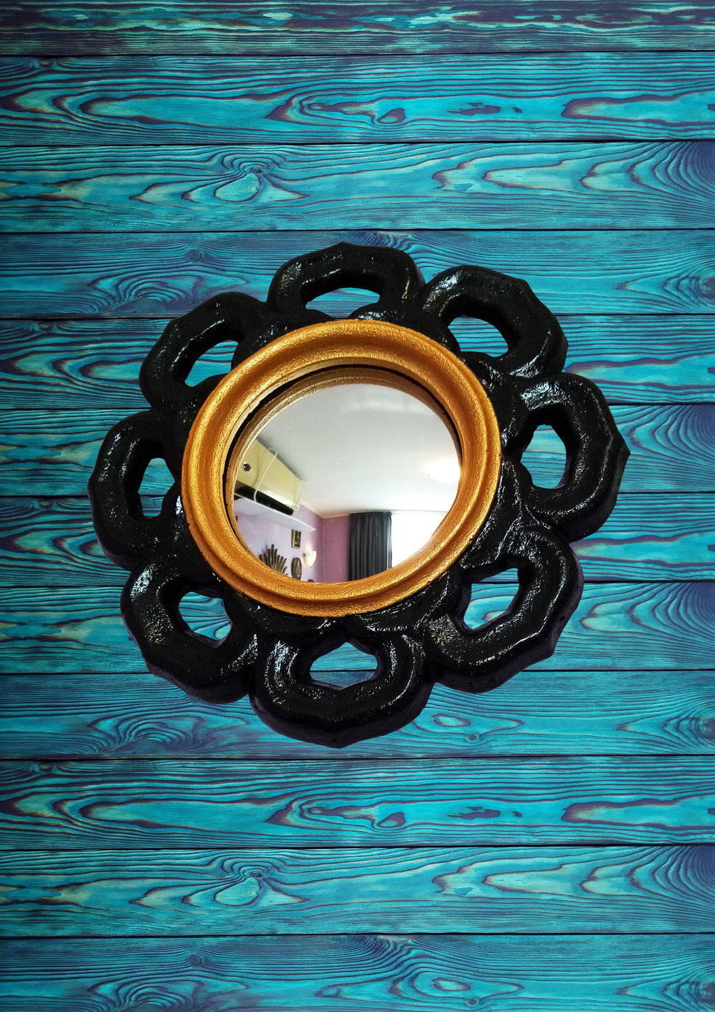 Black & Gold Witch Eye Mirror — Handcrafted Gothic Flower Wall Decor