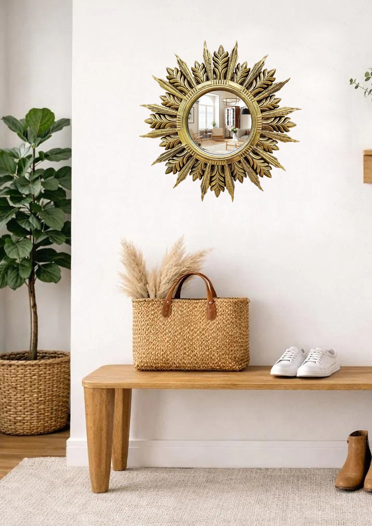 Handmade Sunburst Mirror — Brass Patina, 27×27 cm