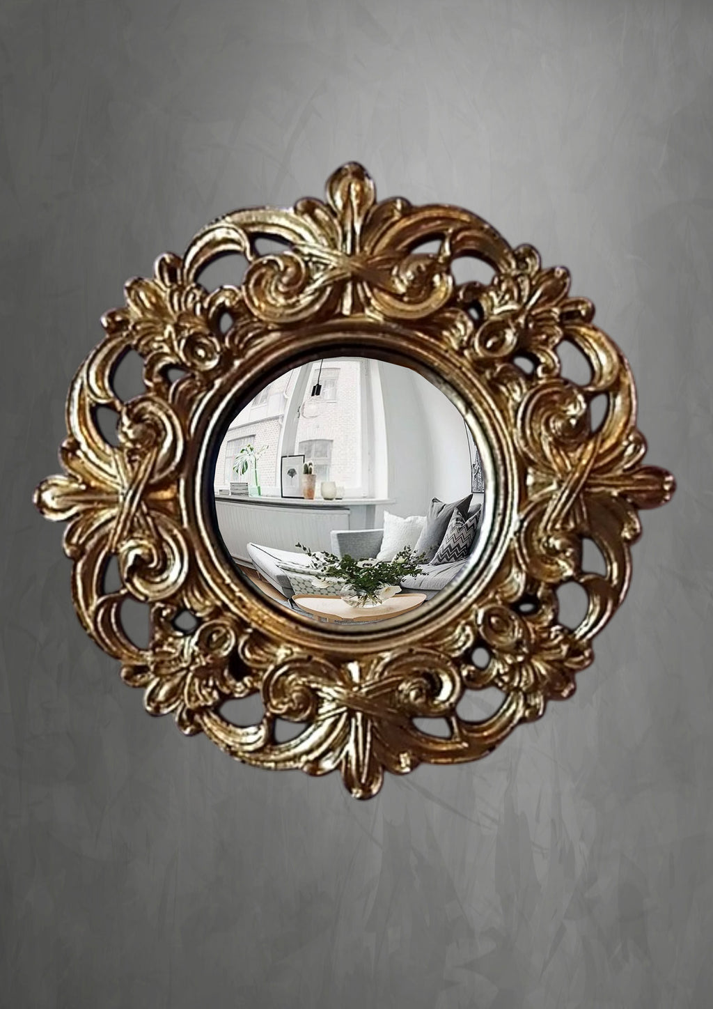 Golden Baroque Witch's Eye Convex Mirror – handcrafted antique gold wall decor with ornate Baroque frame