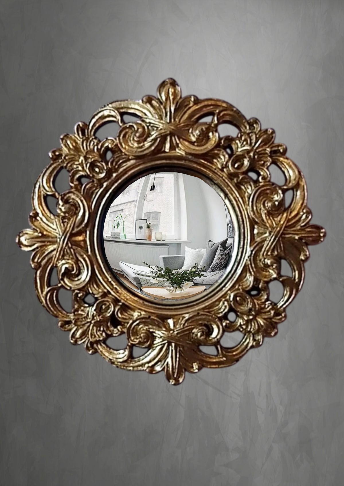 Golden Baroque Witch's Eye Convex Mirror – handcrafted antique gold wall decor with ornate Baroque frame