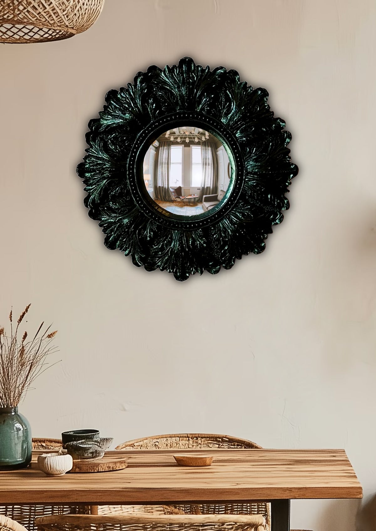 Black Witch's Eye Convex Mirror — Handmade Gothic Wall Decor