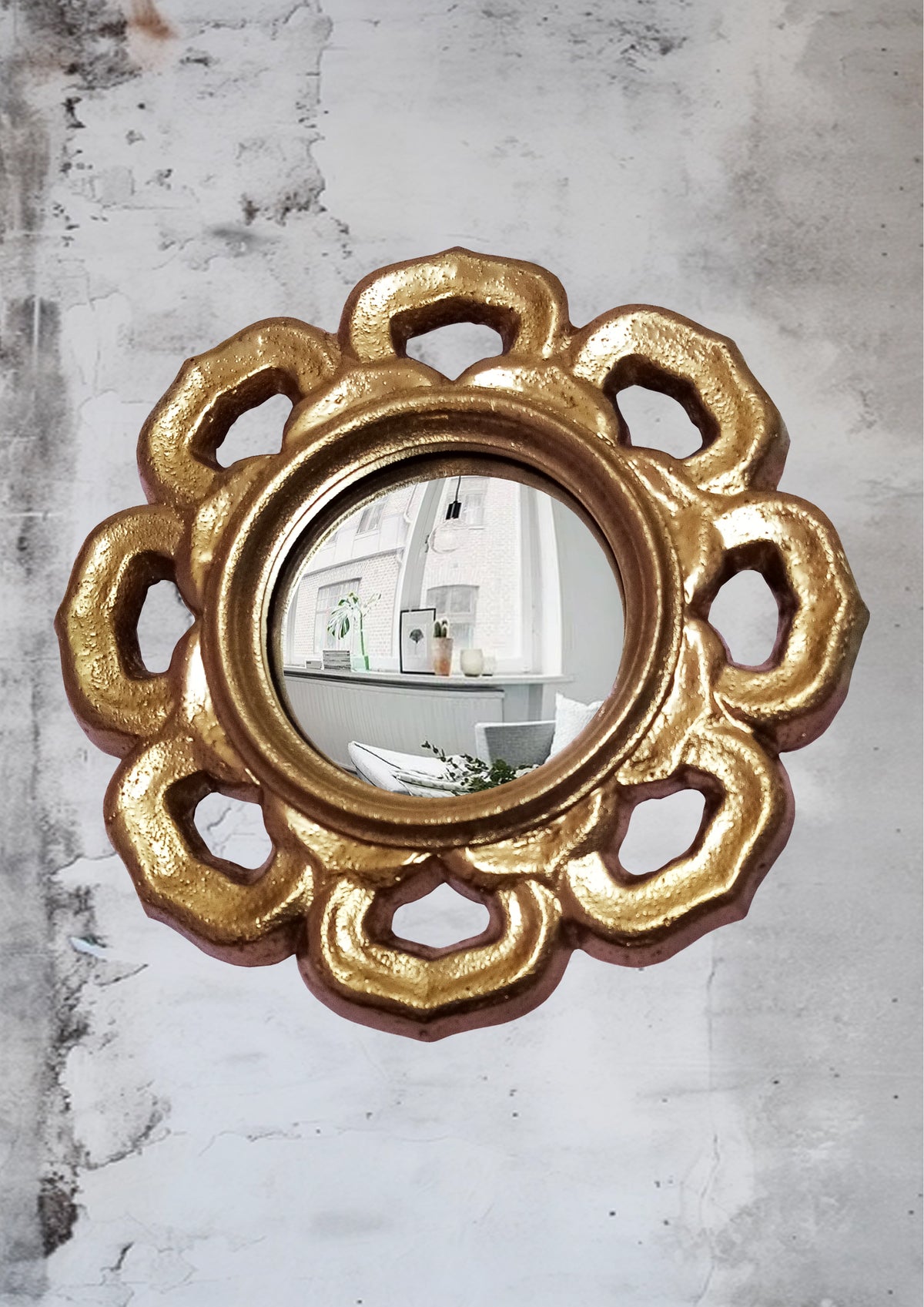 Golden Flower Witch's Eye Mirror — Handcrafted Mystical Wall Decor
