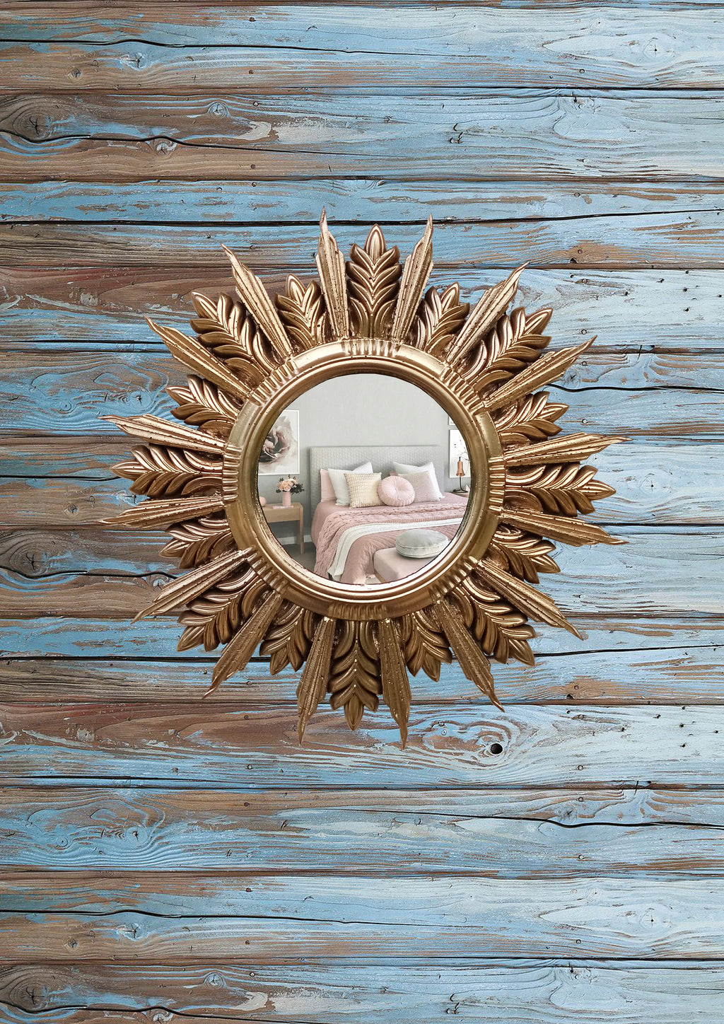 Handmade Sunburst Mirror — Gold Patina, 27×27 cm