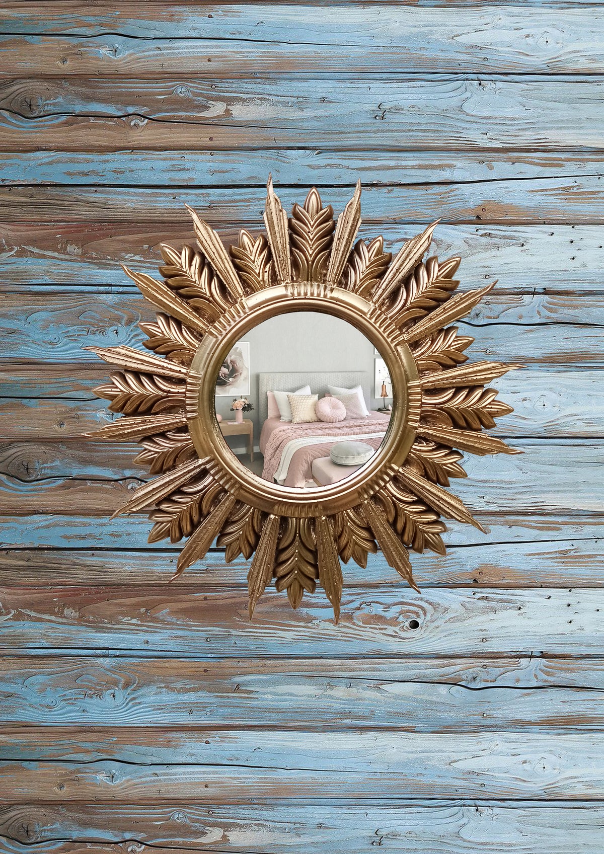 Handmade Sunburst Mirror — Gold Patina, 27×27 cm