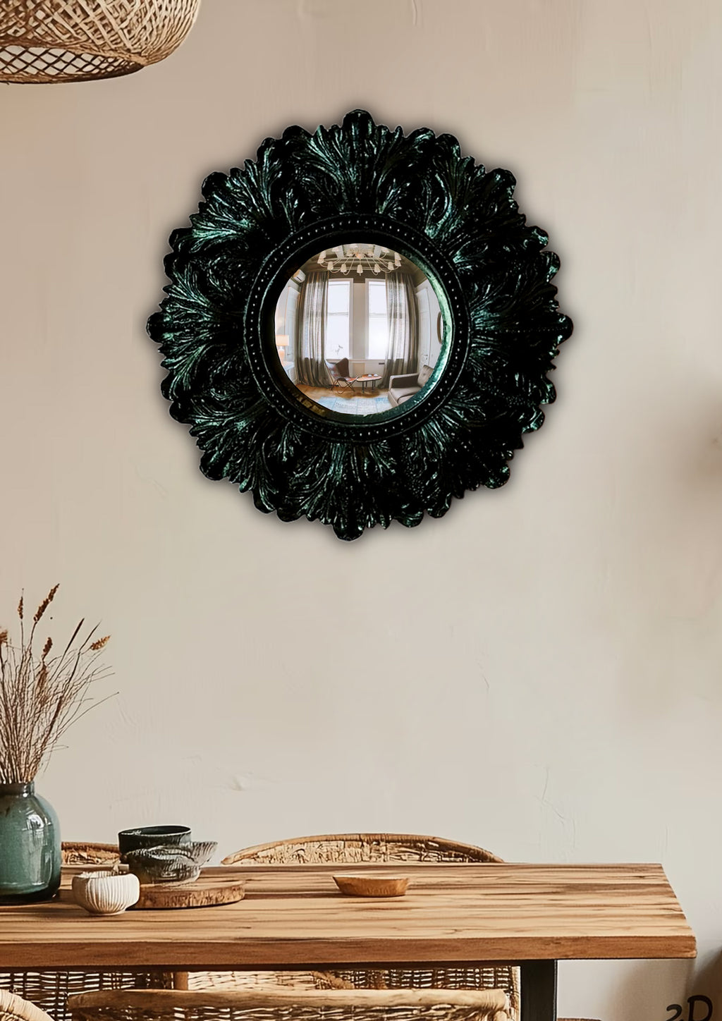 Black Witch's Eye Convex Mirror — Handmade Gothic Wall Decor