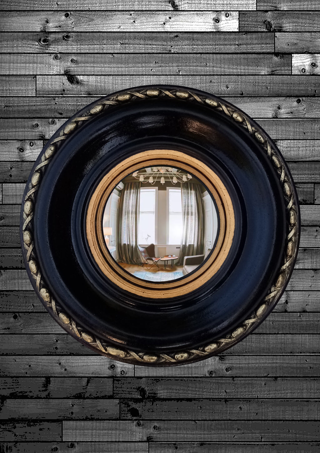 Black & Gold Regency Witch Eye Convex Mirror — Handcrafted Gothic Wall Decor