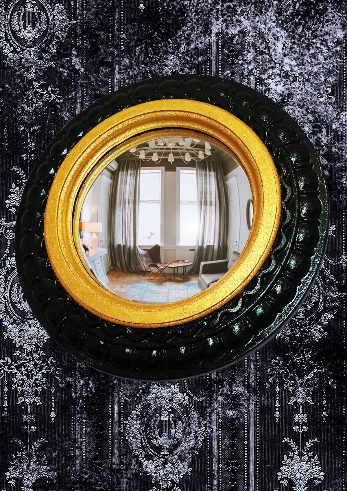 Black & Gold Witch's Eye Convex Mirror — Handcrafted Gothic Wall Decor