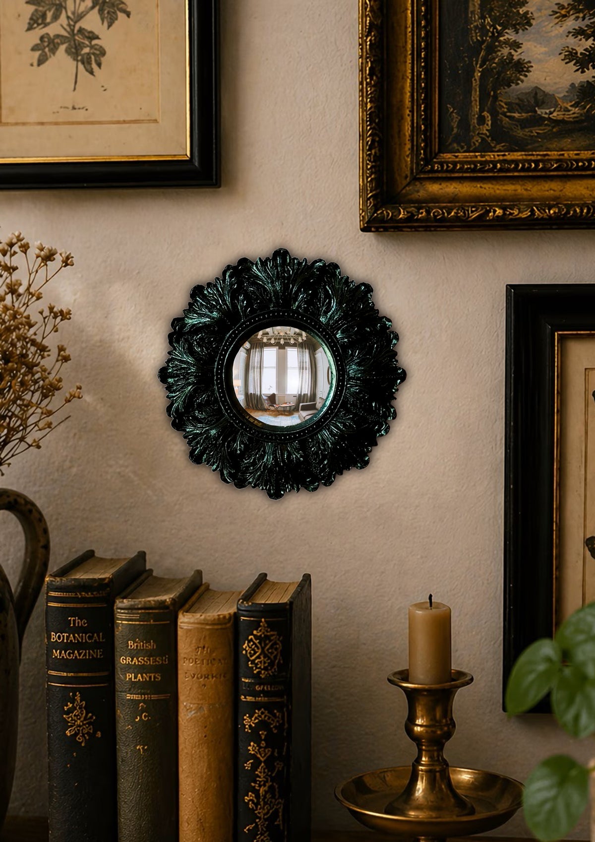 Black Witch's Eye Convex Mirror — Handmade Gothic Wall Decor