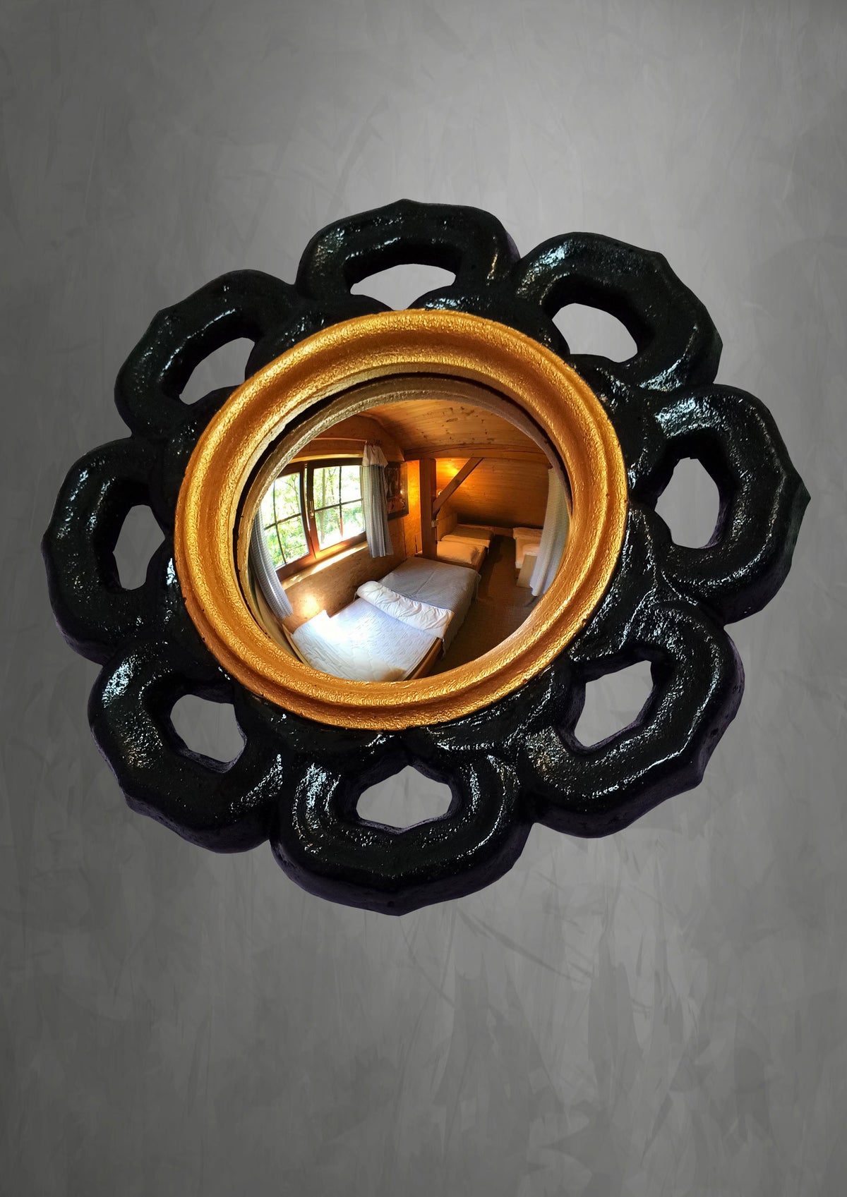 Black & Gold Witch Eye Mirror — Handcrafted Gothic Flower Wall Decor
