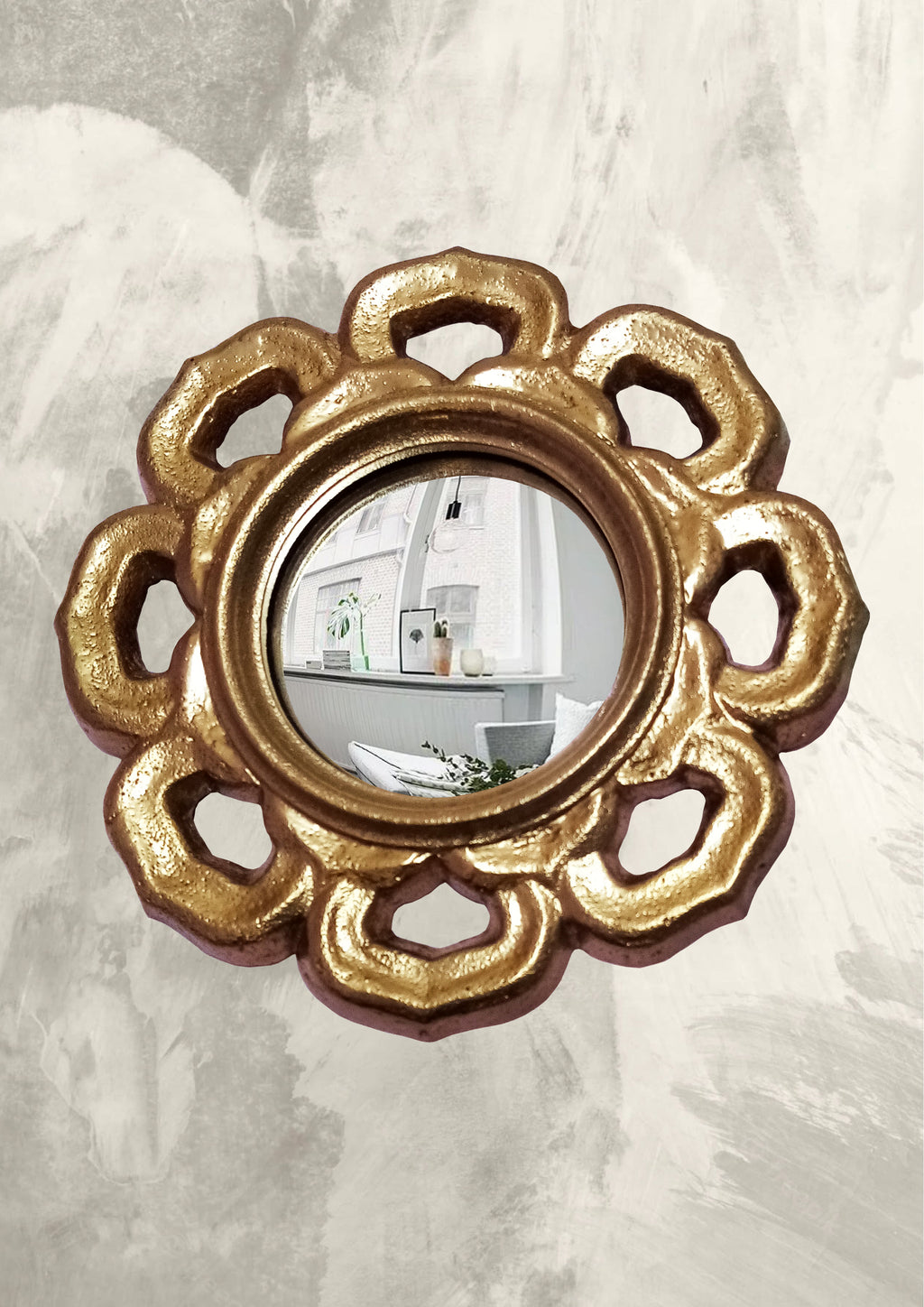 Golden Flower Witch's Eye Mirror — Handcrafted Mystical Wall Decor