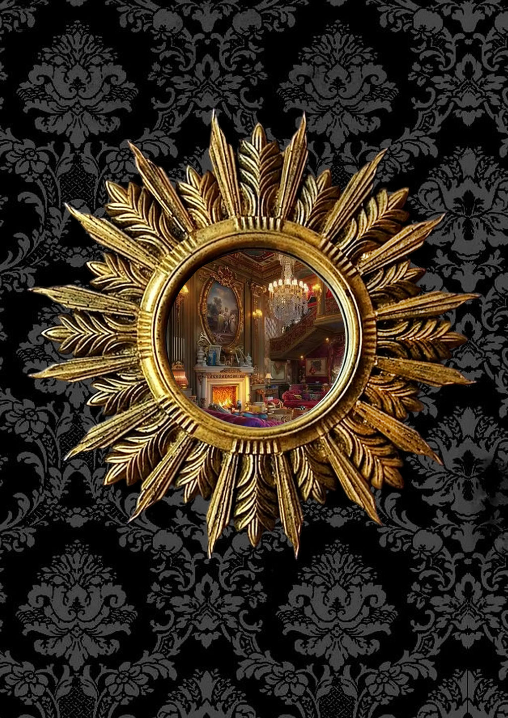 Handmade sunburst mirror with antique bronze resin frame on dark damask background