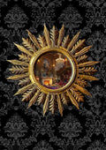 Handmade sunburst mirror with antique bronze resin frame on dark damask background