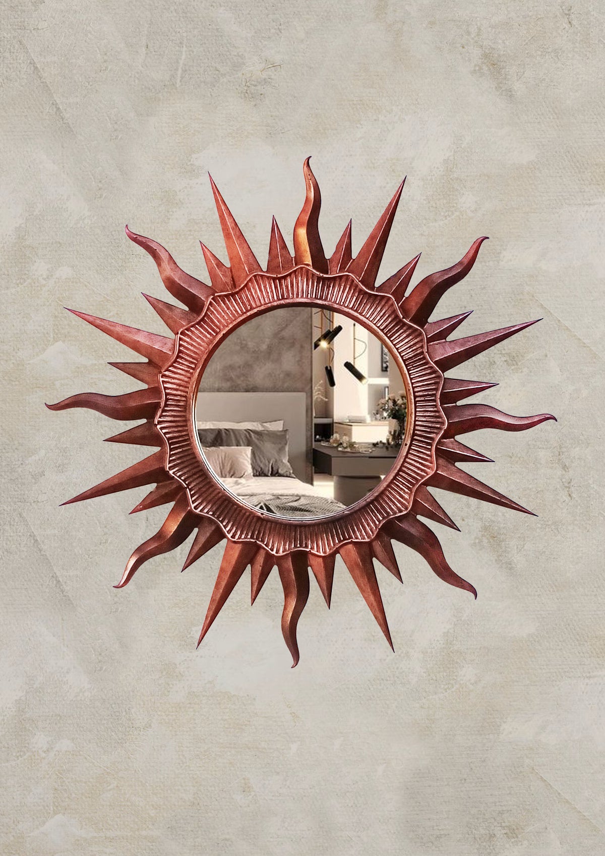 Handmade copper patina sunburst wall mirror, 24.5 cm