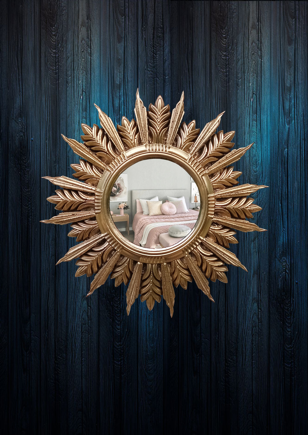 Handmade Sunburst Mirror — Gold Patina, 27×27 cm