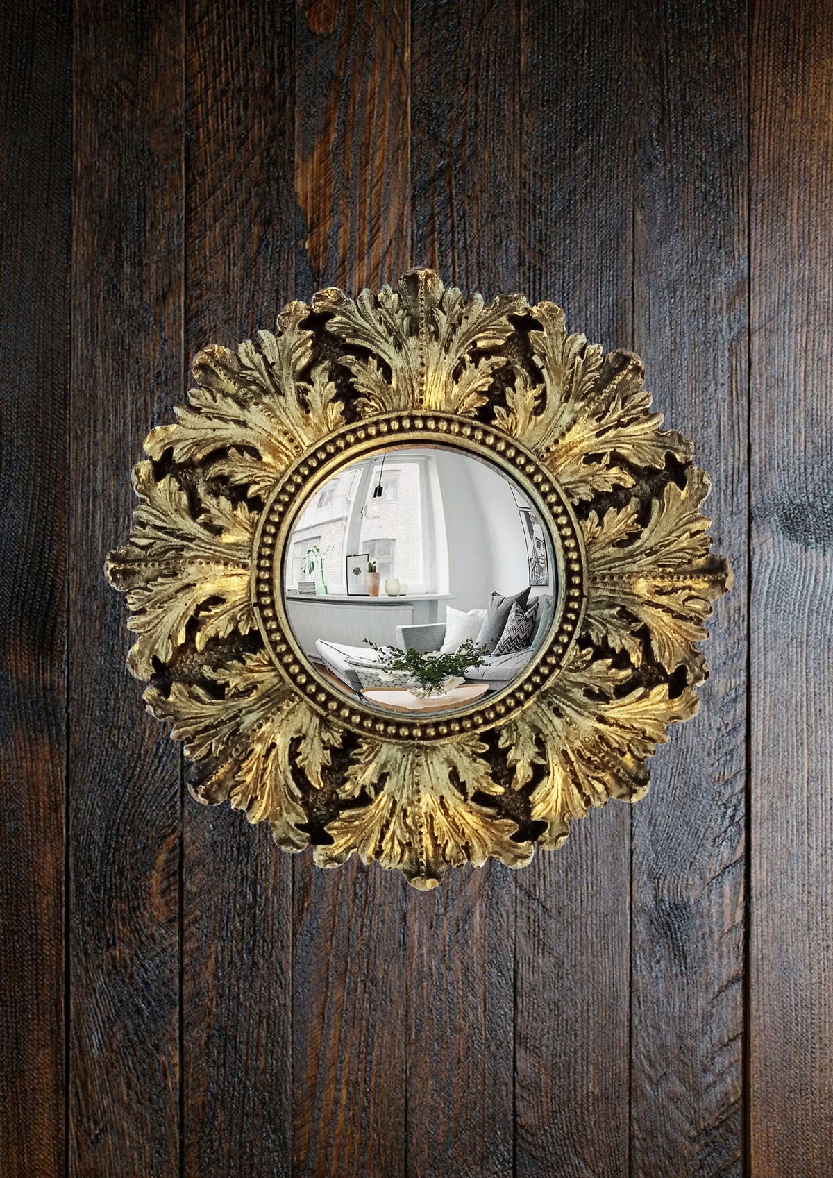Black & Gold Acanthus Witch's Eye Convex Mirror — Handcrafted Mystical Wall Decor