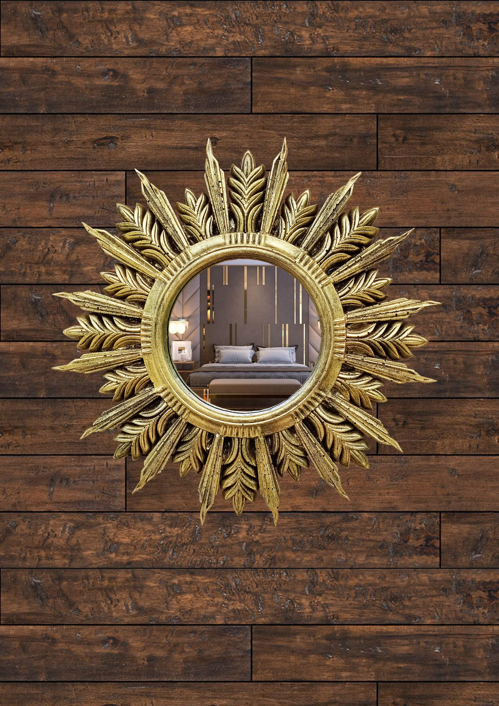 Handmade Sunburst Mirror — Brass Patina, 27×27 cm
