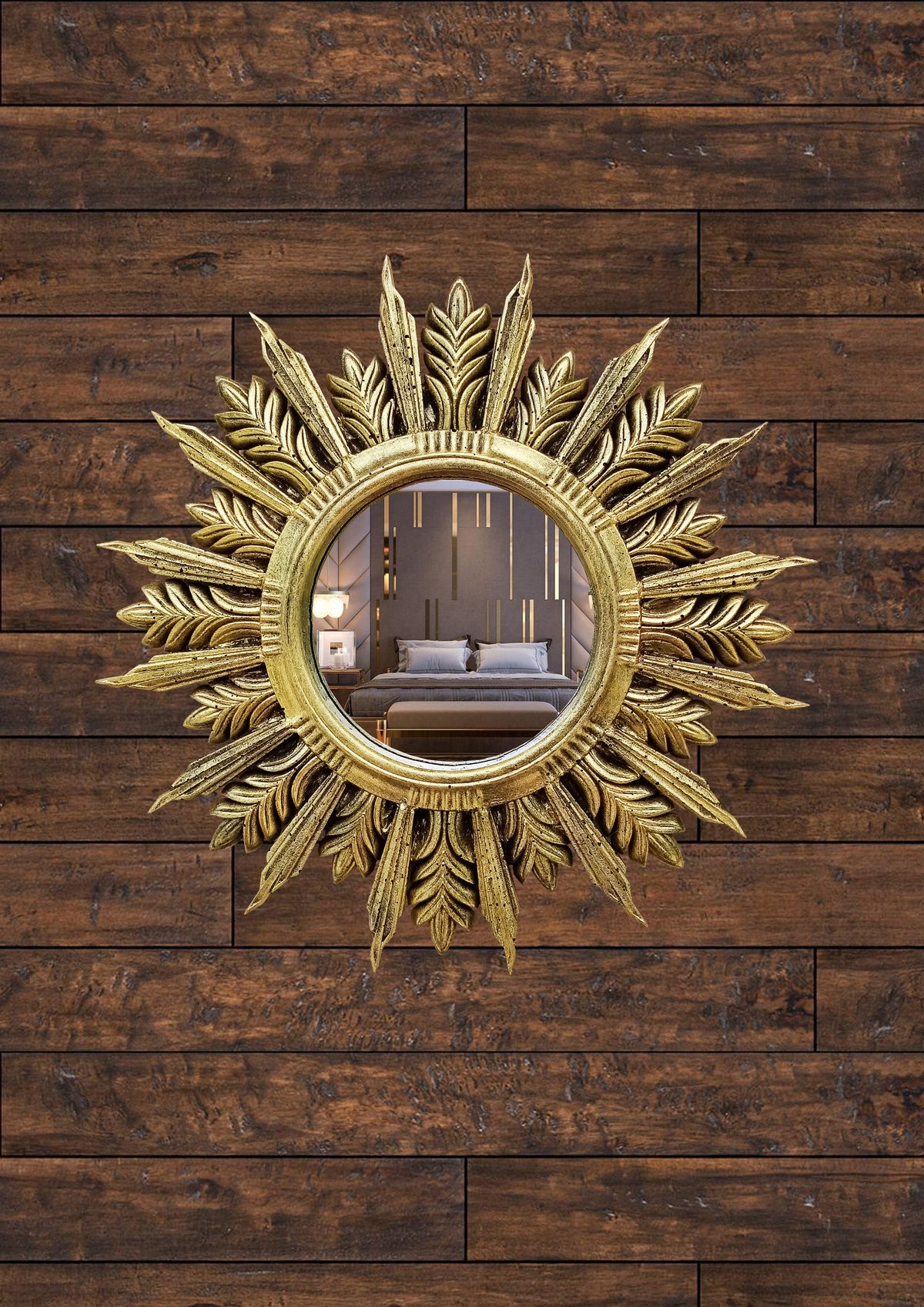 Handmade Sunburst Mirror — Brass Patina, 27×27 cm