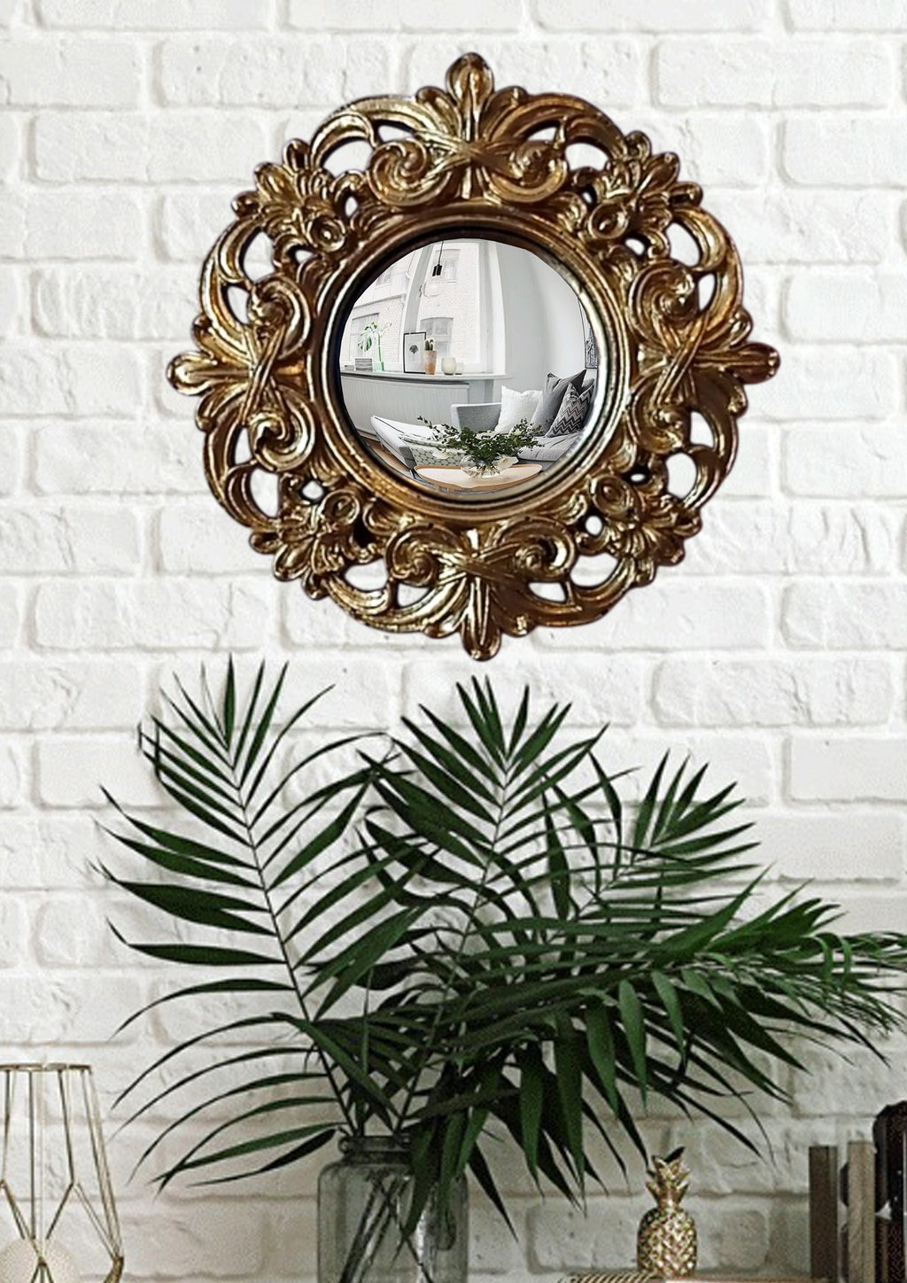 Golden Baroque Witch's Eye Convex Mirror — Handcrafted Antique Wall Decor