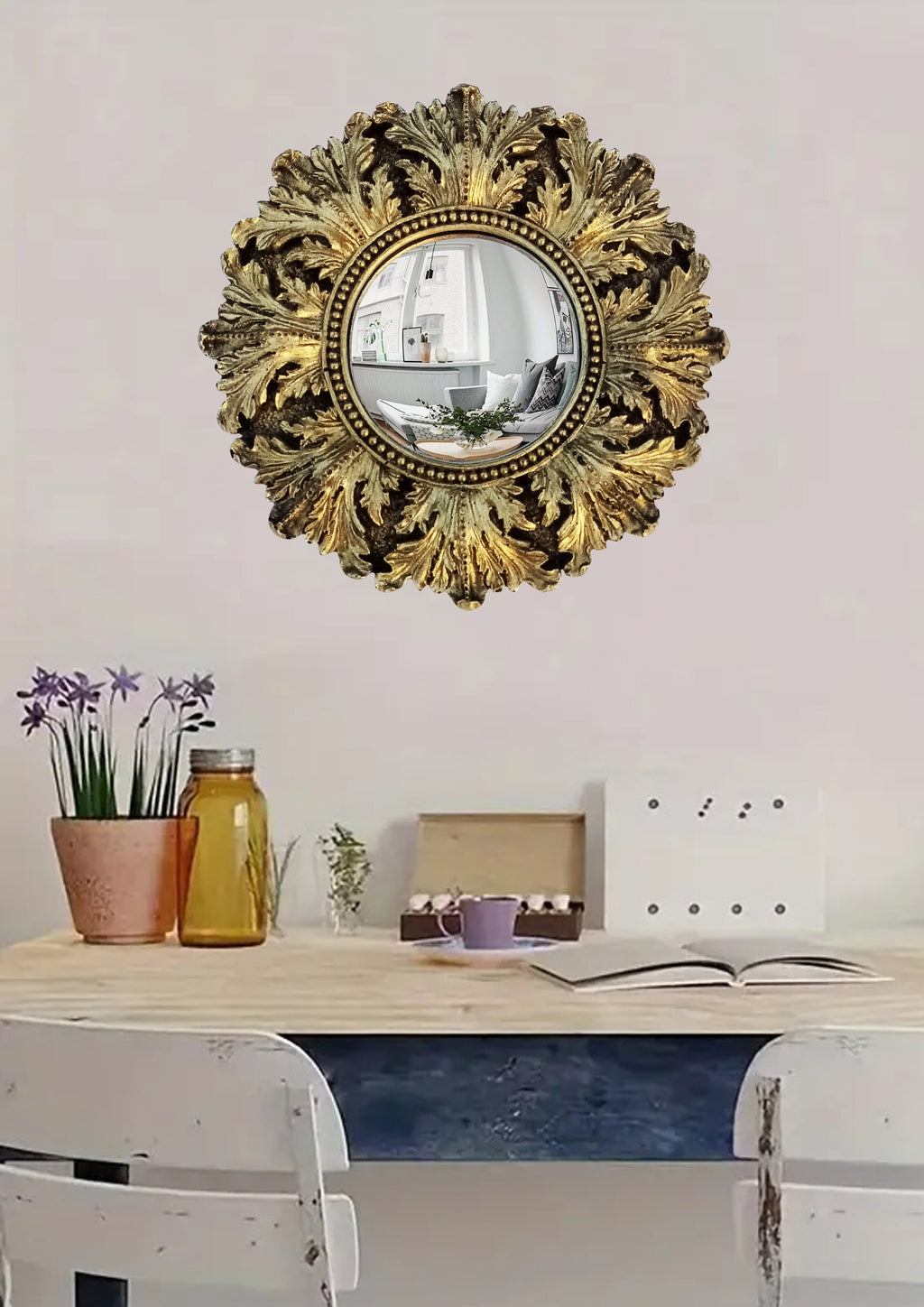 Black & Gold Acanthus Witch's Eye Convex Mirror — Handcrafted Mystical Wall Decor
