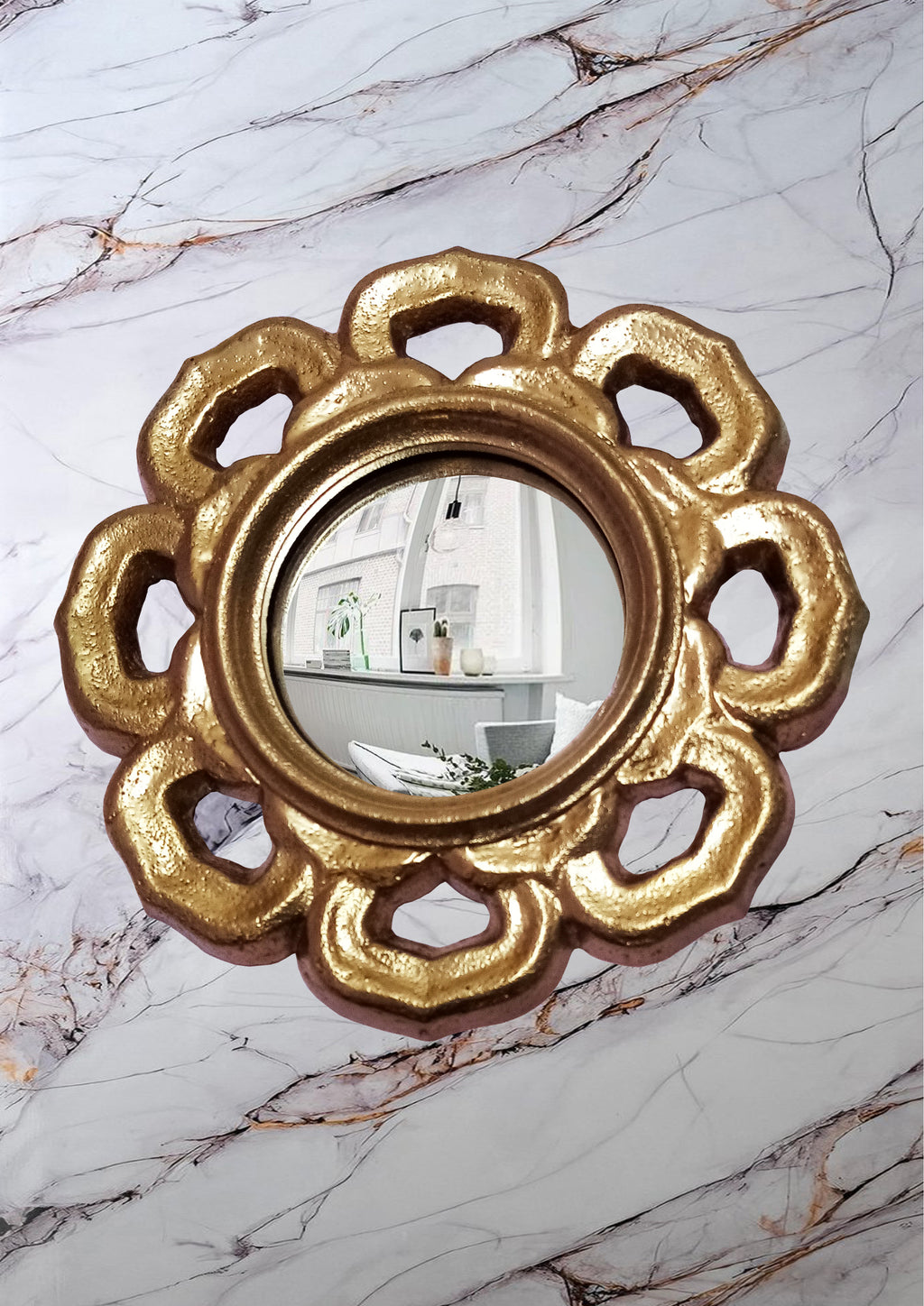 Golden Flower Witch's Eye Mirror — Handcrafted Mystical Wall Decor