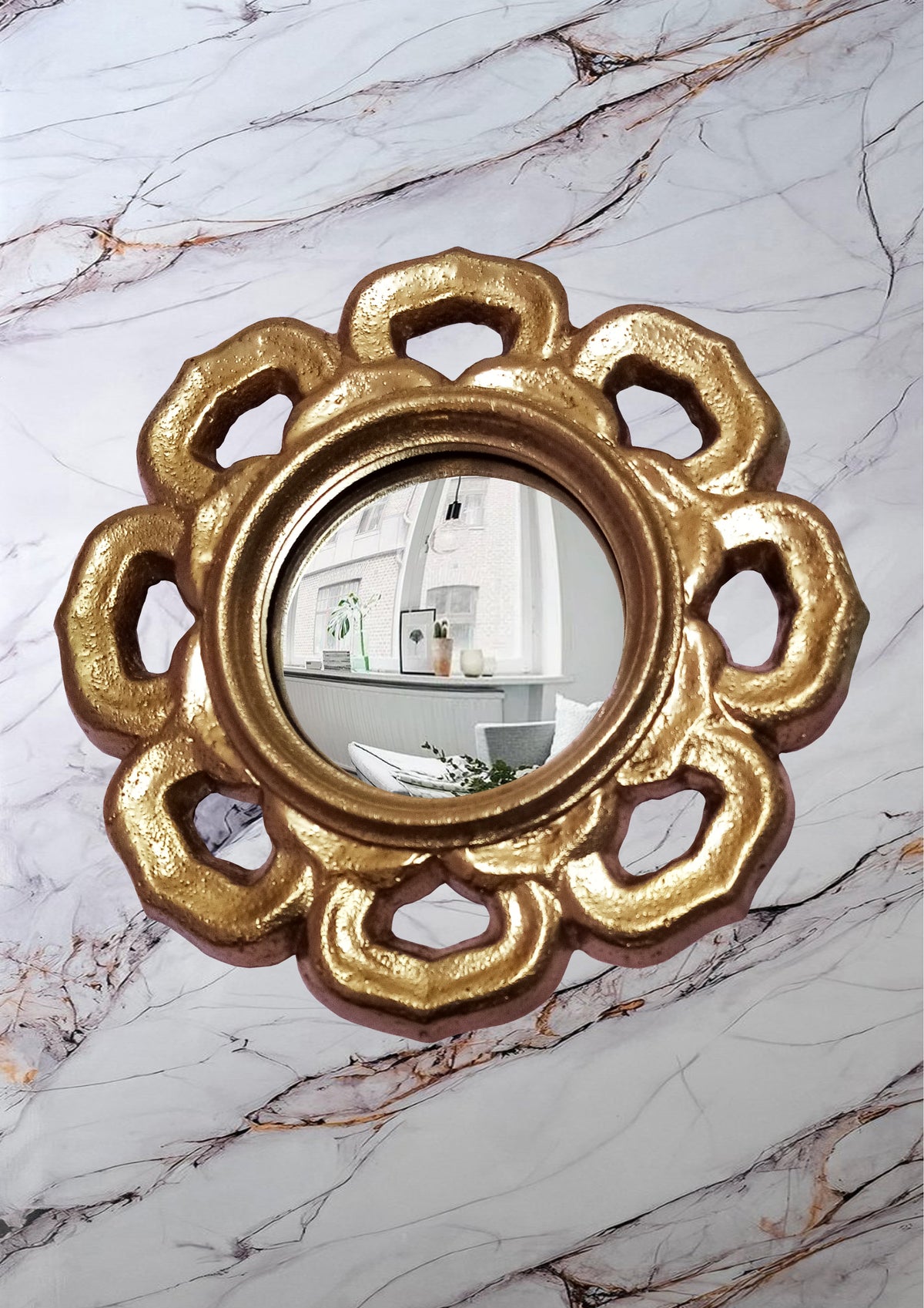Golden Flower Witch's Eye Mirror — Handcrafted Mystical Wall Decor